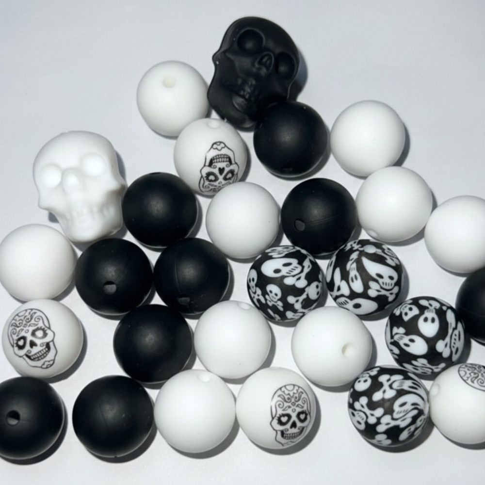 28 PC Skull Ghost Silicone Bead Set Black White Halloween Spooky Craft DIY